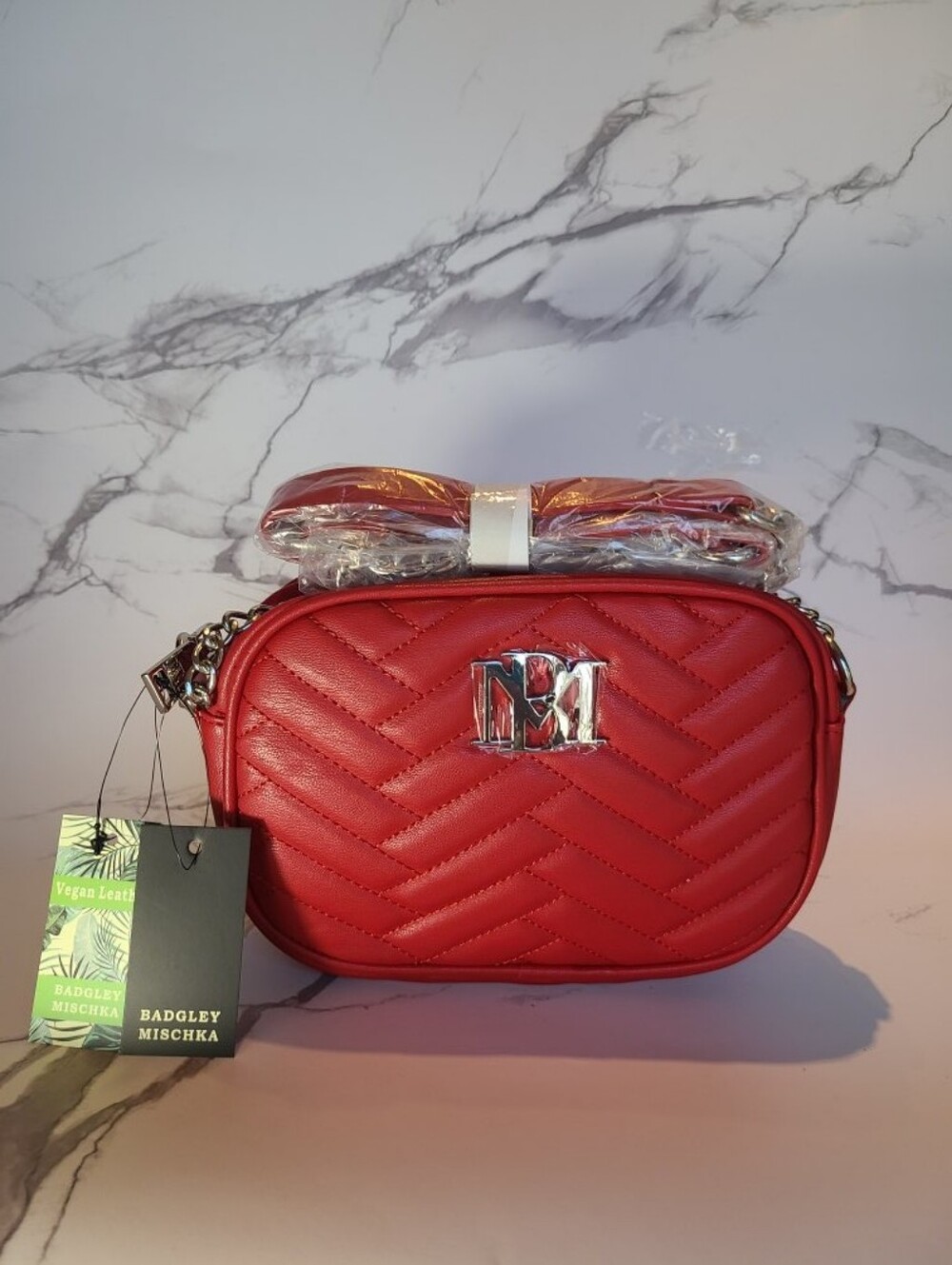 Badgley Mischka Red Crossbody Camera Bag with Chain Accent